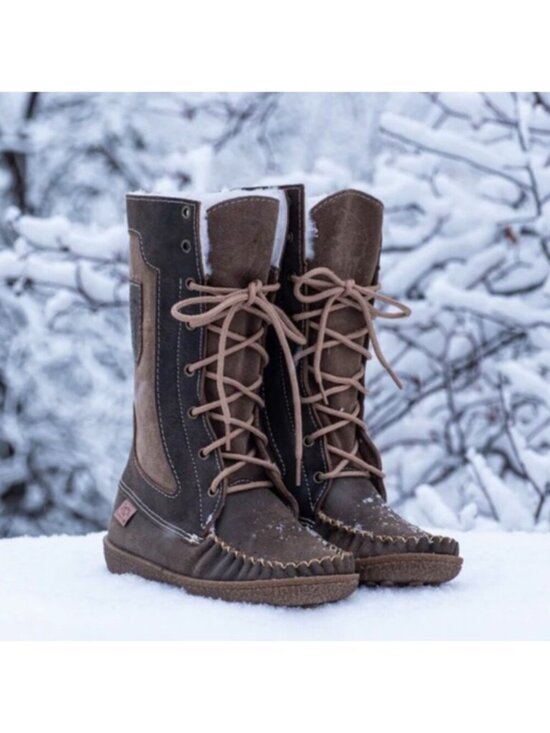 Laurentian Chief Shoes - Laurentian Chief Brown Leather Sheepskin Mid-Calf Snowshoe Mukluks Women's Sz 11